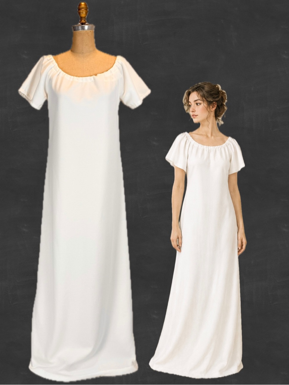 VINTAGE 70s white long maxi gown dress short sleeve scoop neckline minimalist